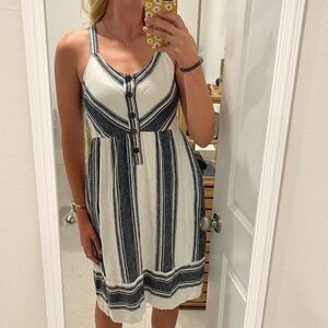 Universal Thread Blue Striped Button Front Linen Blend Midi Dress- MED